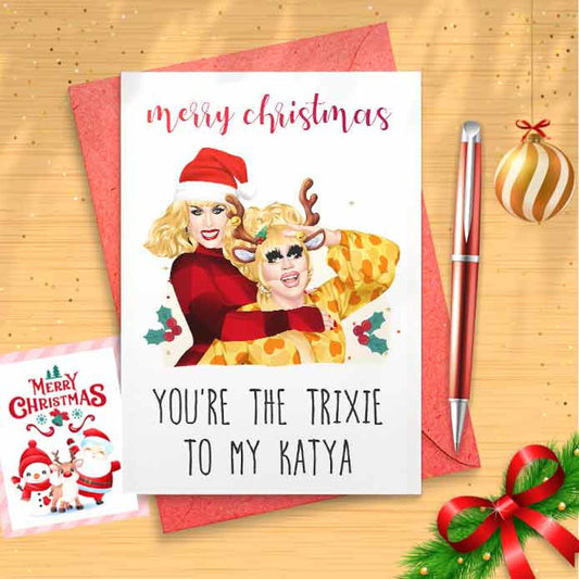 Cute Trixie And Katya Christmas Card - Lgbt, Queer, Gay Cards, Rupaul, Funny Holidays, Holiday, Merry Christmas, Stocking Stuffers [00126]