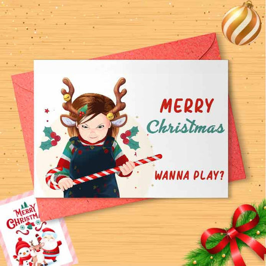 Creepy 'Wanna play?' Christmas Card, 1980s Vintage, Scary Movie, Pop Art, Hand-drawn Christmas Cards, Slasher Movies, Horror [00488]