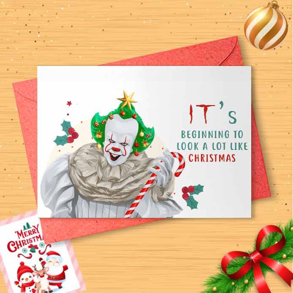 Funny Clown Christmas Card, Happy Holiday Card, Funny Christmas Cards, Funny Xmas, Horror Christmas, Holiday Christmas Gift [00084]