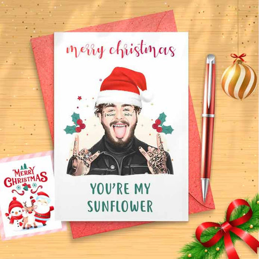 Funny Post Christmas Card - Sunflower, Hip Hop Rap Art Gift Merry Music Fans Funny Christmas Cards for Him Her Girlfriend Boyfriend [00653]