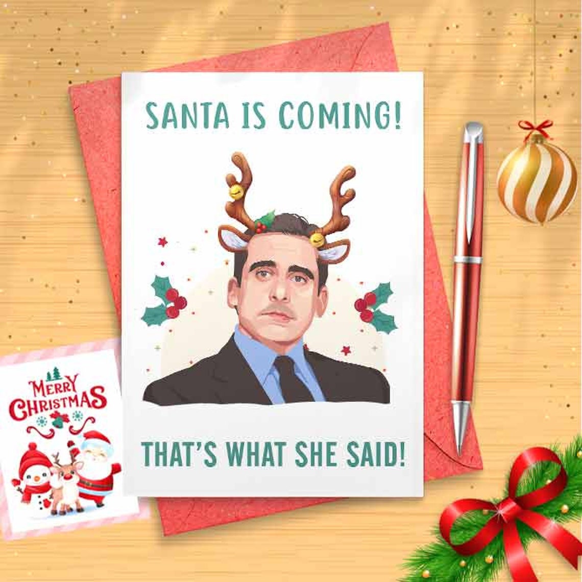 Michael Scott Christmas Card - Santa's Coming, That's What She said, Funny Office [01313]