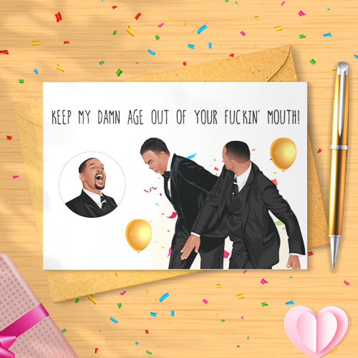 Will Smith Birthday, Chris Rock Meme Card, Oscars Meme Birthday Cards for Him, Birthday Meme, Him Will Smith Slap Funny Birthday [00171]