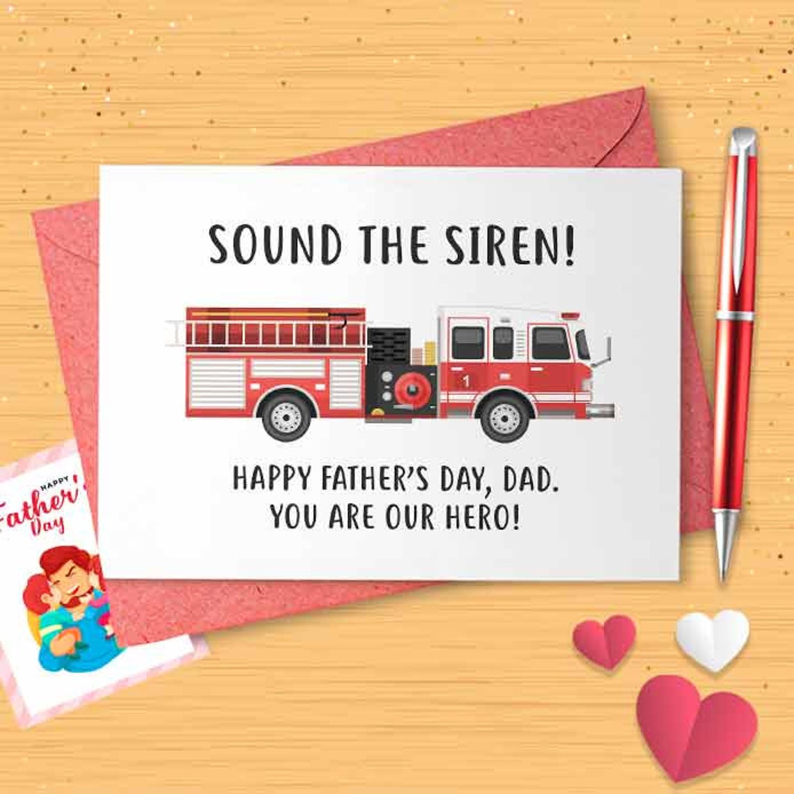 Sweet Firetruck Father's Day Card - Card For Dad, Card From Daugther, From Daugther, Father's Day Card,Gift Dad, Firefigther [01180]