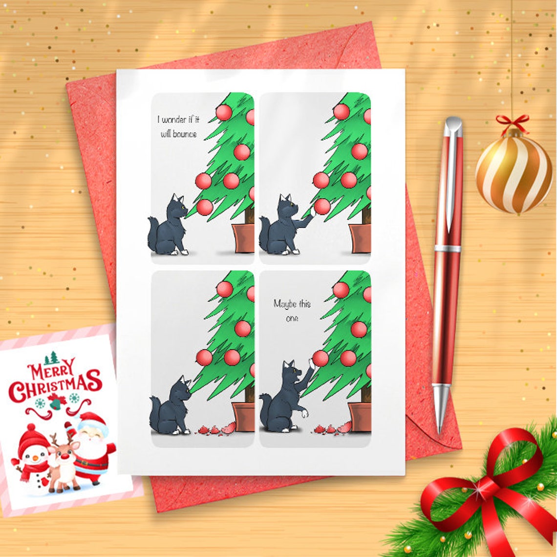 Funny Cat Christmas Card for your Friends or Family - Will it Bounce - Tree and Baubles - Humorous / Humour [01440]