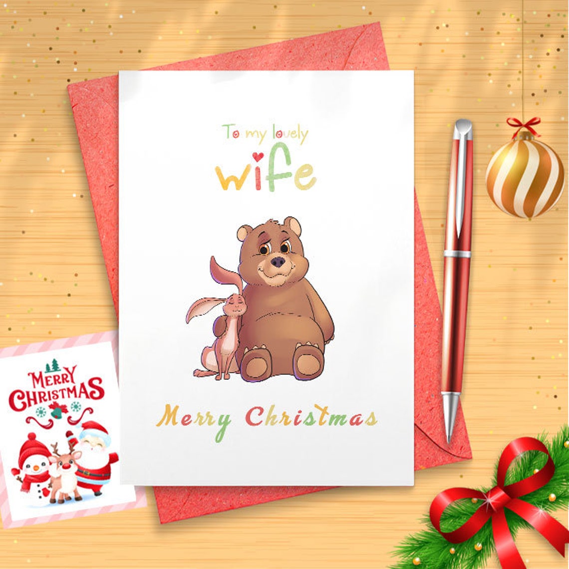 Cute Christmas Card For Wife, Bunny, Bear, Christmas Card, Romantic Christmas Card, Family Christmas Card [01451]