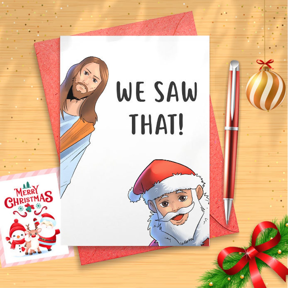 Funny Christmas Card for Friend - Funny Holiday Cards for Her - Sassy Christmas for Him - Happy Holidays - Santa I Saw That Jesus [01453]