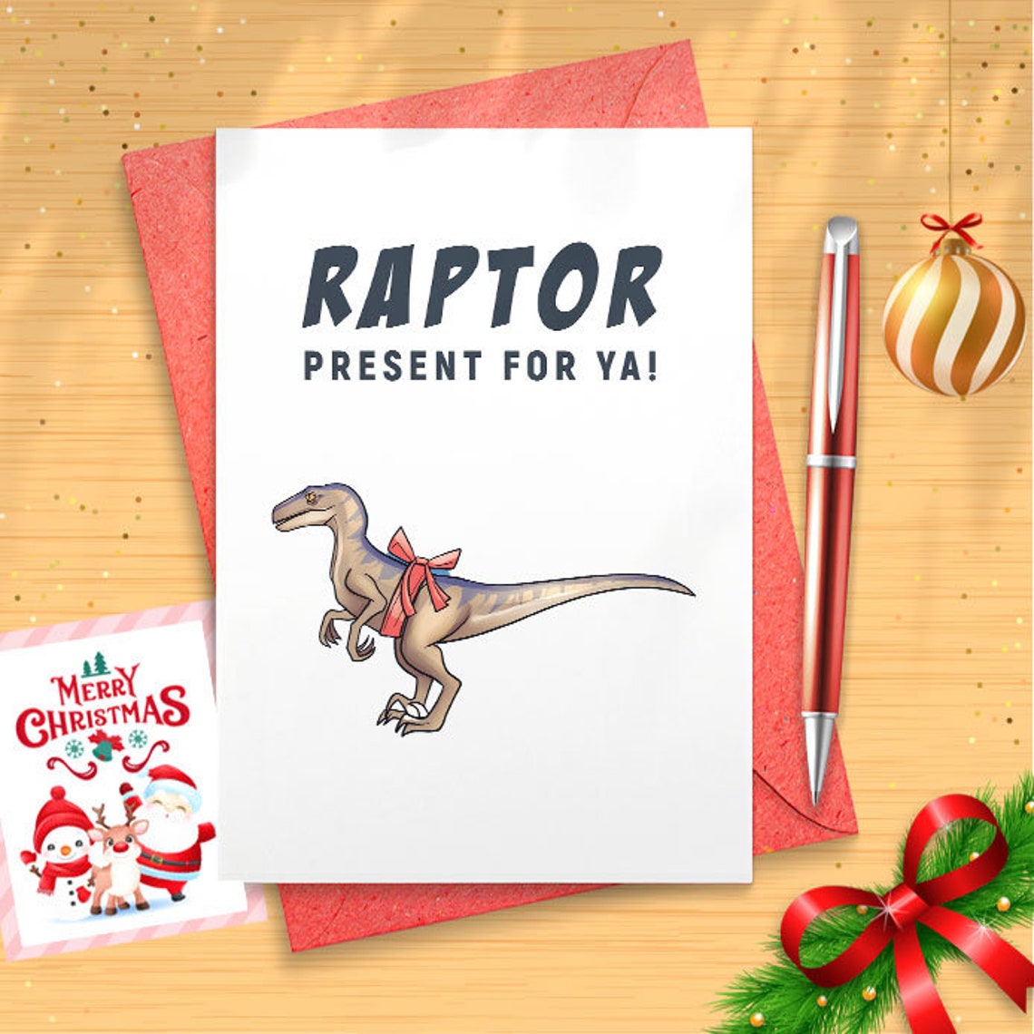 Dinosaur Christmas Card, Dinosaur, Christmas Cards, Raptor, Funny christmas card, Holiday Card, Geekery [01457]