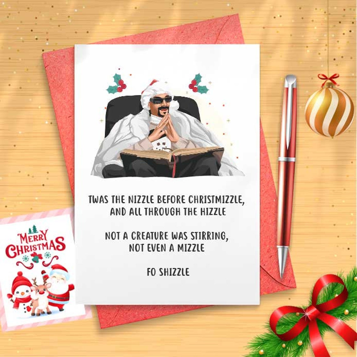 Twas The Nizzle Before Christmizzle And All Through The Hizzle, Funny Christmas Card, Dope Card Meme Santa Joke Card [01476]