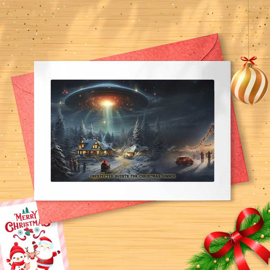 UFO, Christmas Cards, Sci Fi, Vintage, Christmas Scene, Funny Christmas Card, Alternate Histories, Geekery, Martians, Holiday Card [01484]