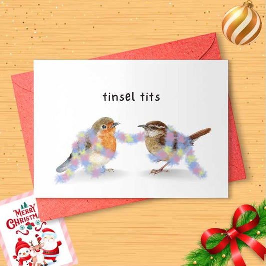 Tinsel Tits card, Funny Christmas Card, Christmas Cards, Bird Christmas Cards, Cheeky Christmas cards, Funny Christmas card [01345]