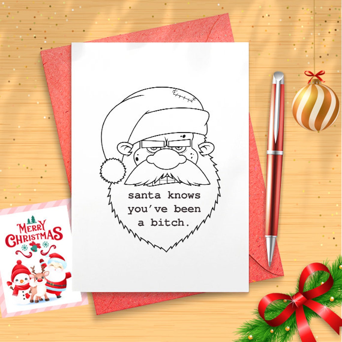 funny christmas card for her / santa knows you've been a bitch / adult christmas card / santa card / gift basket / holiday card [01361]