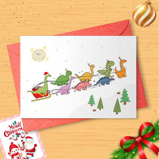 Santa's Sleigh, Dinosaurs Christmas Card, Christmas card, dinosaur Christmas card, cards for kids, funny Christmas card, Christmas [01383]