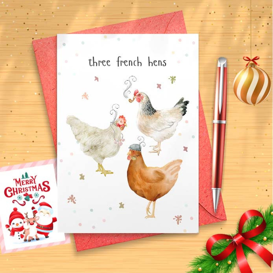 Three French Hens, Chicken Card, Funny Chickens Card, Funny Christmas Card, Chickens, Countryside Gift, Festive Card, Holiday Card [01389]