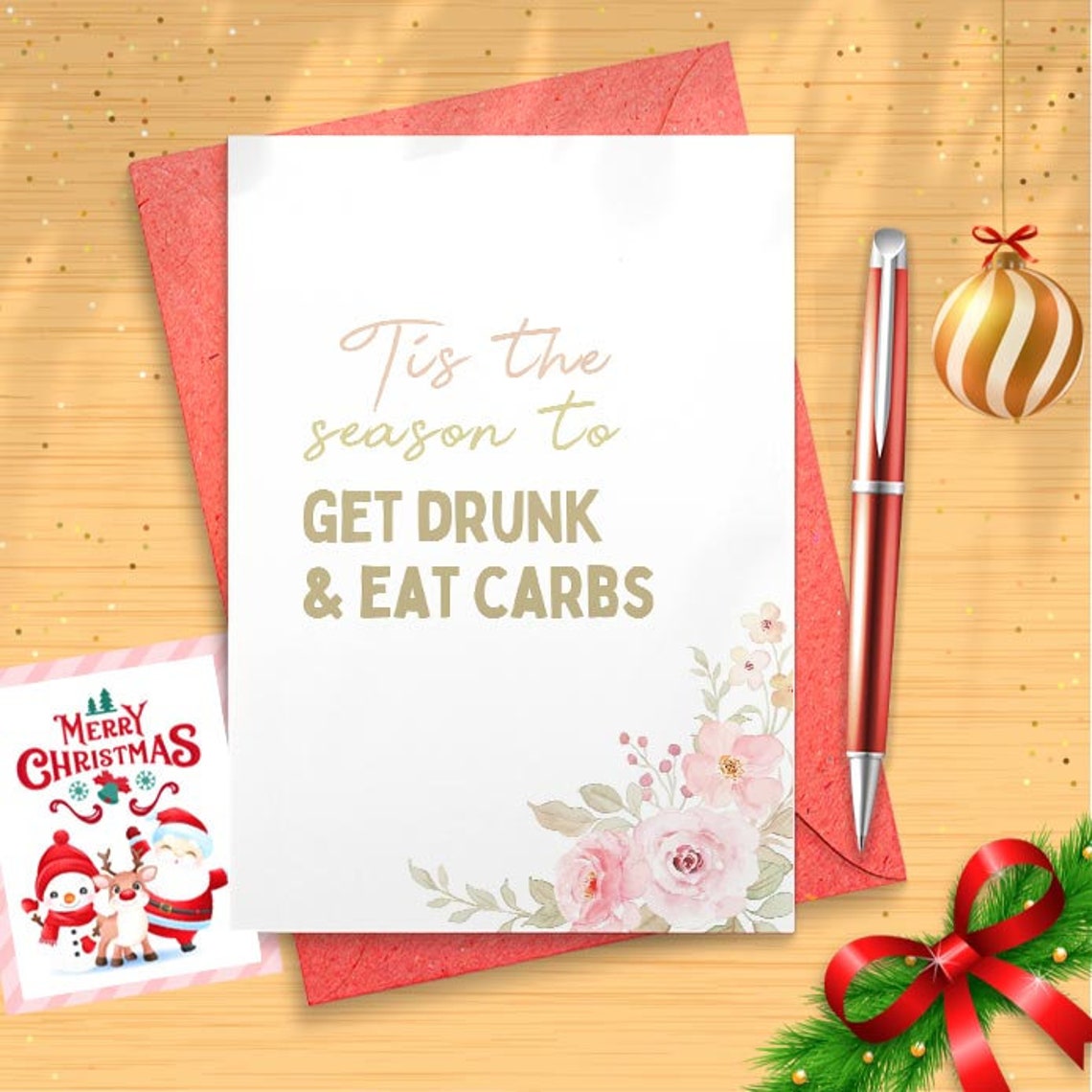 Funny Christmas Cards Funny Holiday Card Christmas Cards Adult Holiday Cards Wine Card-Tis the Season to Get Drunk and Eat Carbs [01403]