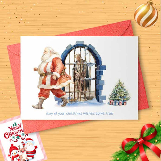 Funny Political Christmas Card, Vintage Santa with Trump, May All Your Christmas Wishes Come True, Lefty, Liberal, Progressive Jail [01559]