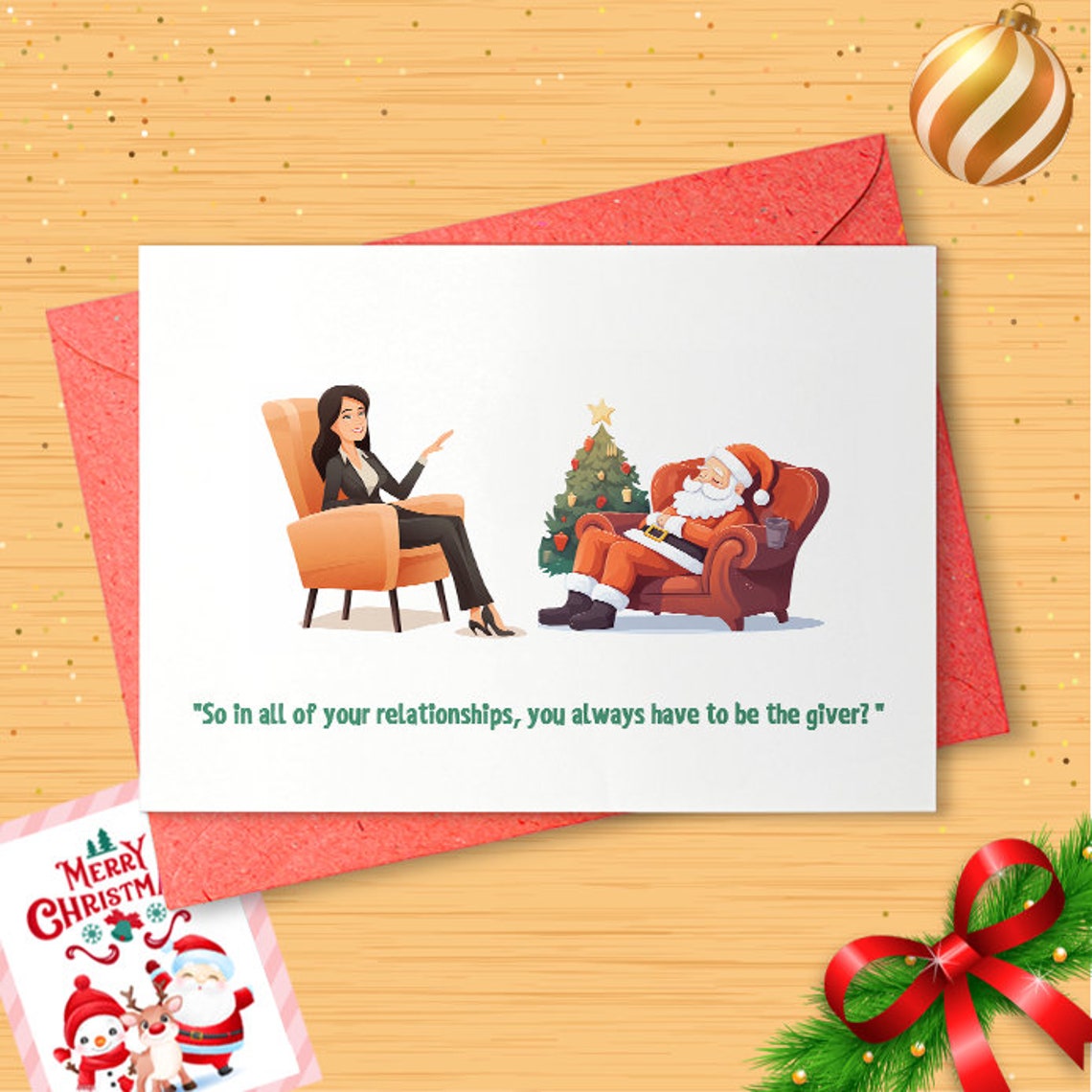 Santa in Therapy, Funny Christmas Card, Funny Holiday Card, Codependent Santa, Psychologists, For Therapists, Christmas Psychology [01570]