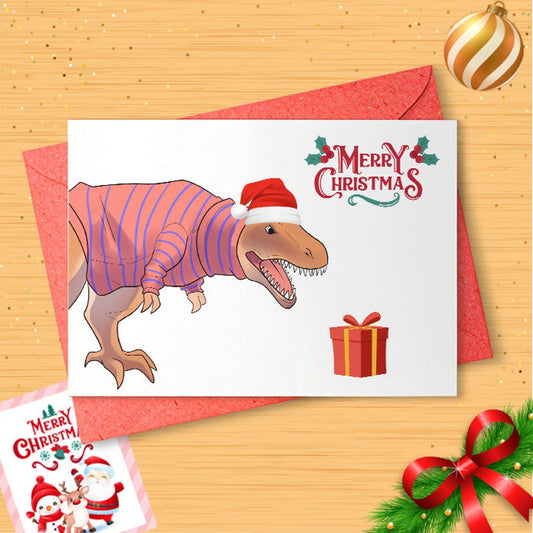 Dinosaur Christmas Card, Dinosaur, Christmas Cards, Tyrannosaurus Rex, Funny christmas card, Holiday Card, Geekery, [01445]