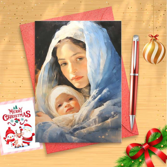 Mary Christmas Cards, Mary in Manger, “Virgin of Light”, 5 Card sets, Xmas Cards [01594]