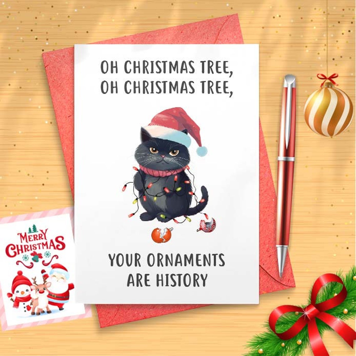 Funny Christmas Card - Christmas Tree Cat - Cat Christmas Card [01596]