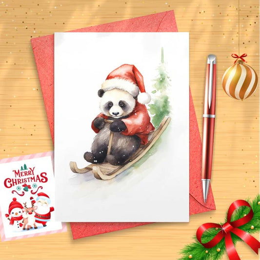 Sledding Panda Christmas Card Set Barred Rock on Sled w/ Santa Hat Funny Cute Holiday [01606]