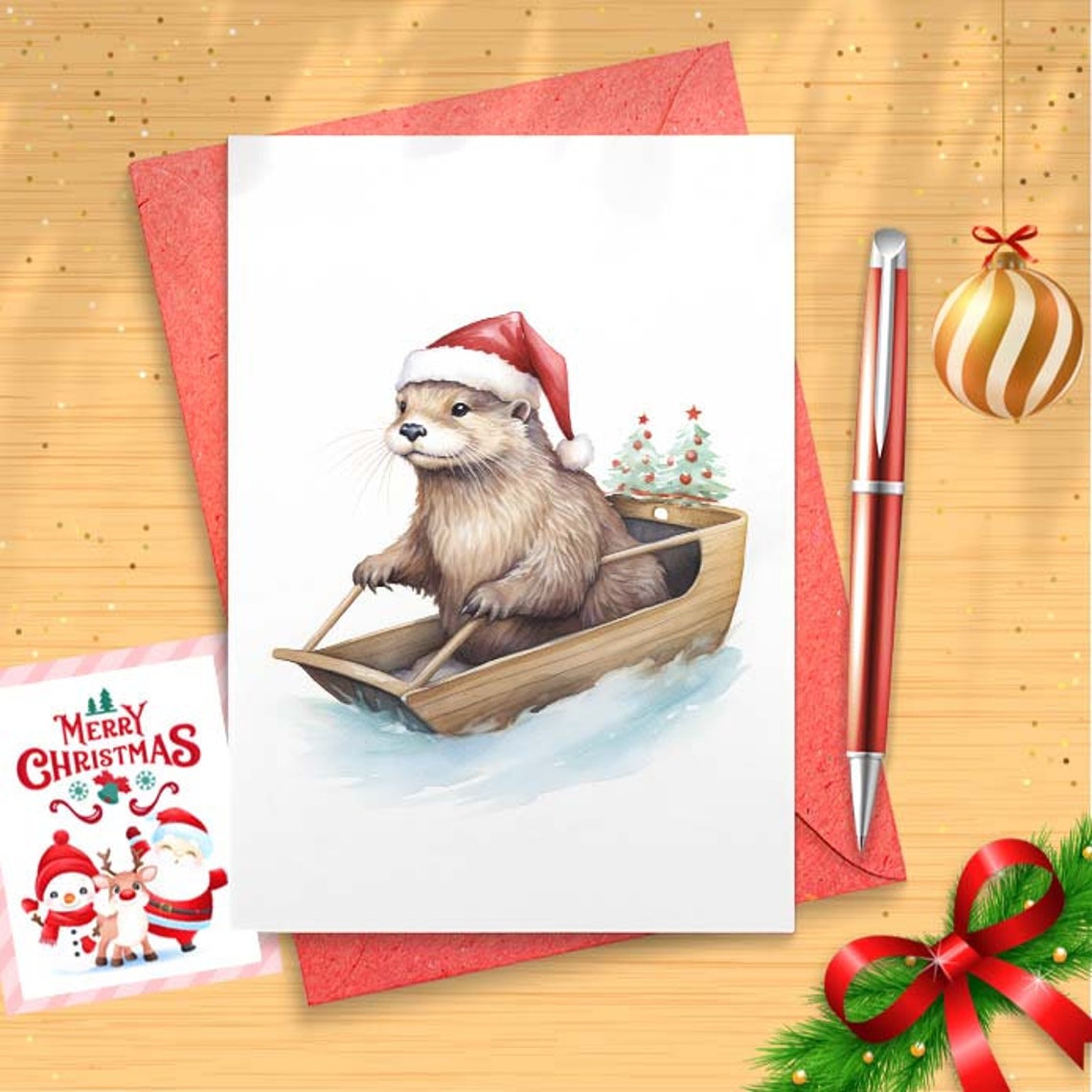 Sledding Otter Christmas Card Set Barred Rock on Sled w/ Santa Hat Funny Cute Holiday [01607]