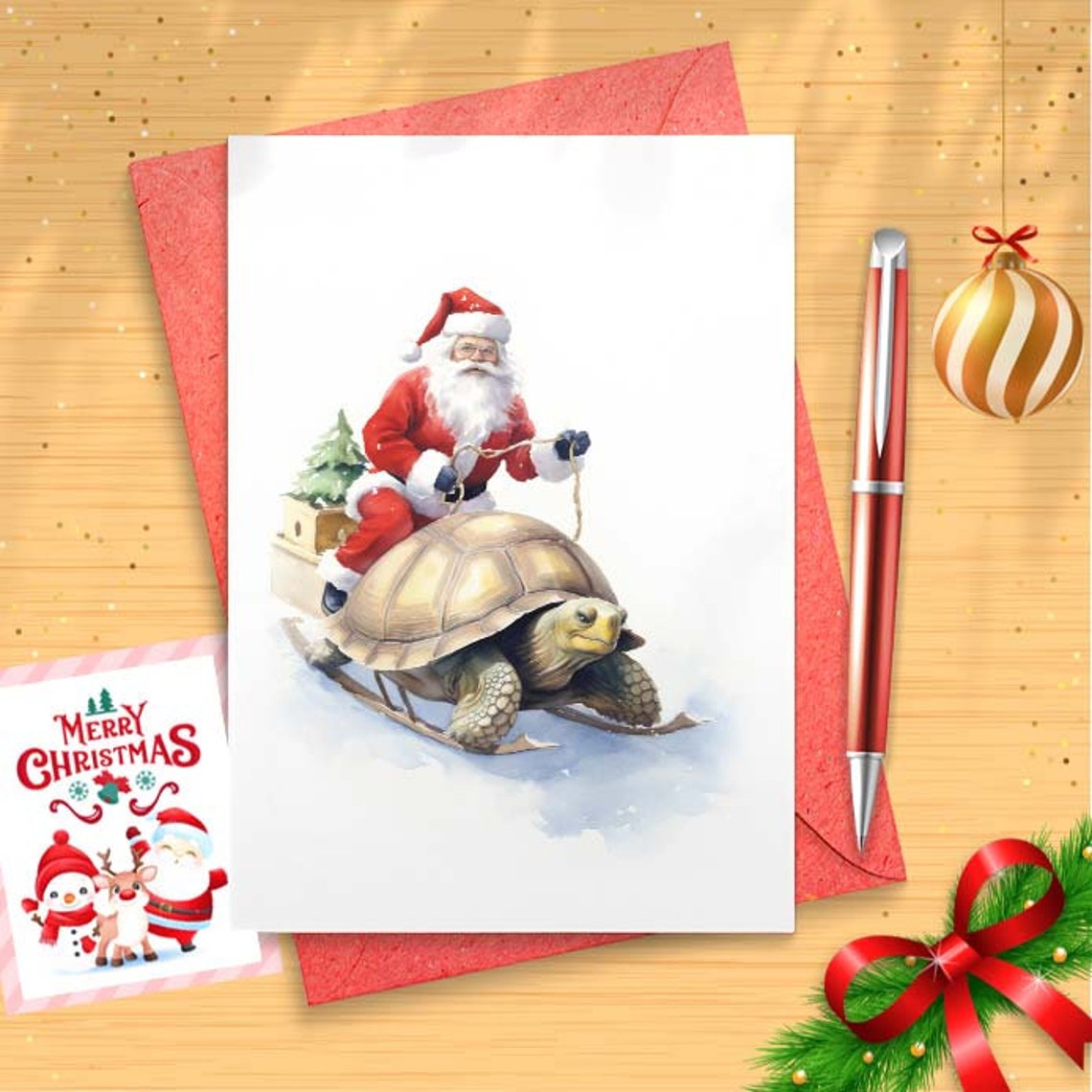 Sledding Santa with Tortoise Christmas Card Set Barred Rock on Sled w/ Santa Hat Funny Cute Holiday [01608]