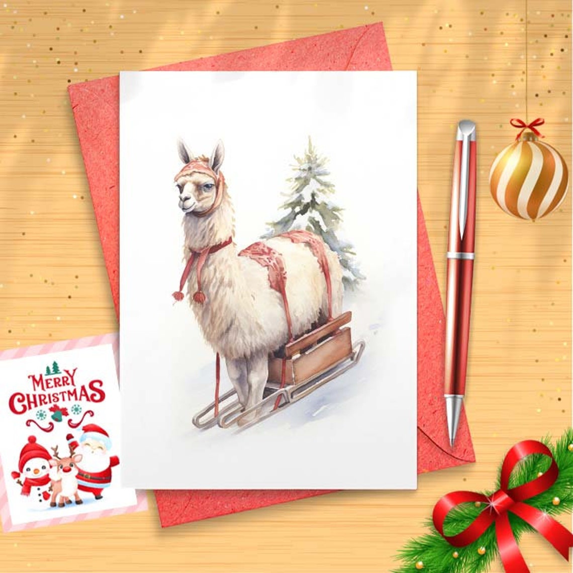 Sledding Lllama Christmas Card Set Barred Rock on Sled w/ Santa Hat Funny Cute Holiday [01609]