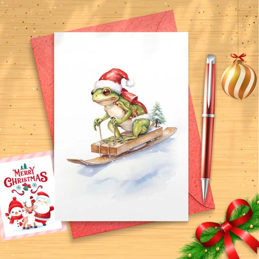 Sledding Frog Christmas Card Set Barred Rock on Sled w/ Santa Hat Funny Cute Holiday [01611]