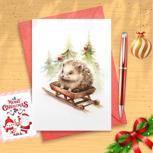 Sledding Hedgehog Christmas Card Set Barred Rock on Sled w/ Santa Hat Funny Cute Holiday [01612]