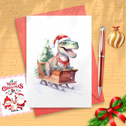 Sledding Dinosaur Christmas Card Set Barred Rock on Sled w/ Santa Hat Funny Cute Holiday [01613]