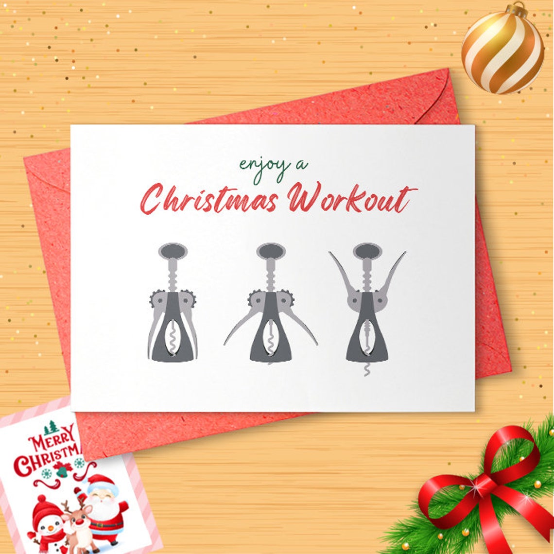 Funny Christmas Card For Dad, Mom Or Friends, Happy Holiday Card, Christmas Workout With Wine, Funny, Corkscrew [01616]