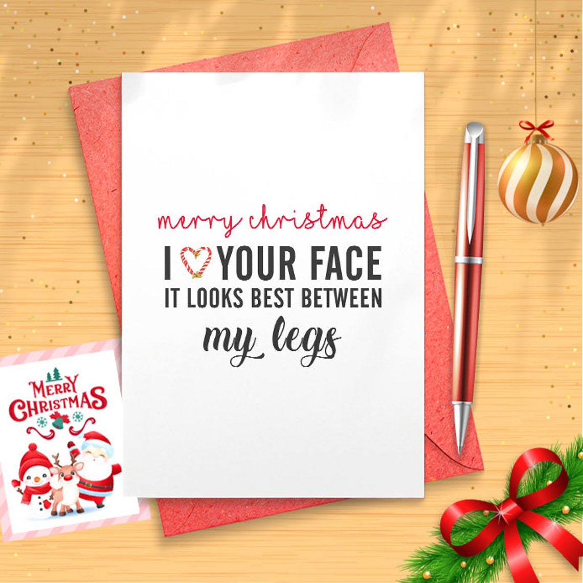 Dirty Christmas Card for Husband or Boyfriend, Christmas Card for Couples, Naughty Christmas Greeting Card, Merry I Love Your Face [01520]