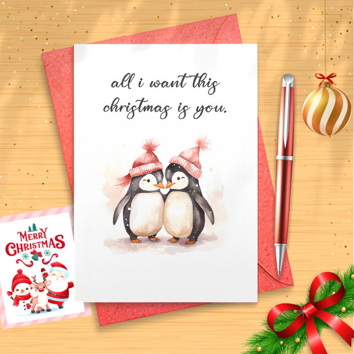 All I want for Christmas card, Penguin couple Christmas card, Seasonal card for husband, Girlfriend Christmas card, Wife Christmas [01363]