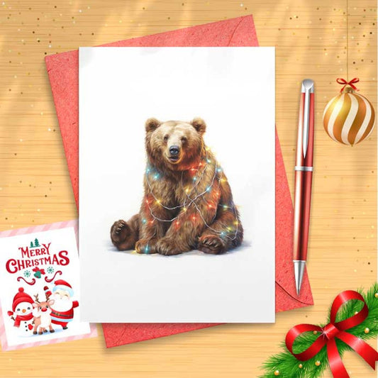 Beary Lights Christmas Card | Bear Pun Card | Funny Holiday Card | Fairy Lights Christmas Cards | Christmas Card Pack [01366]