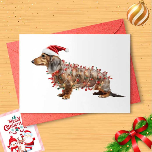 Dachshund with Christmas lights, Santa hat - Cute Christmas Card, Funny Christmas Card, Holiday Card, dog, puppy, dachshund card [01368]