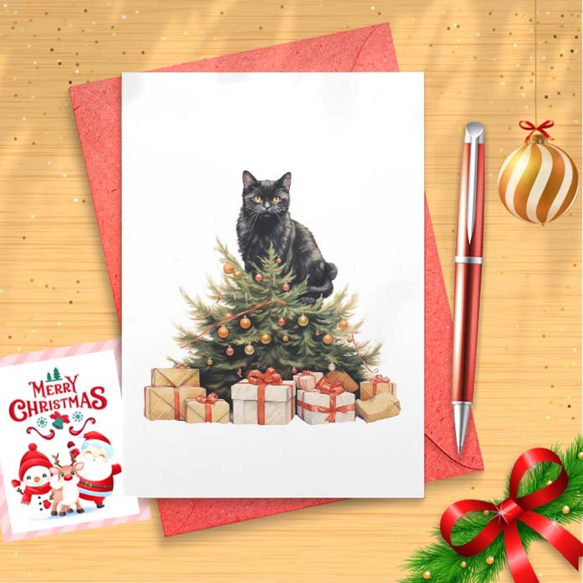 Funny Christmas Card - Christmas Tree Cat - Cat Christmas Card [01384]