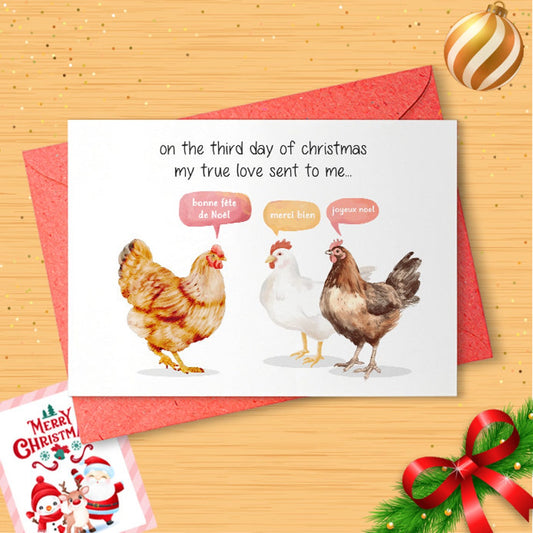 Three French hens Christmas card, Funny Christmas card, 3rd day of Christmas, Twelve days of Christmas, Xmas card [01396]