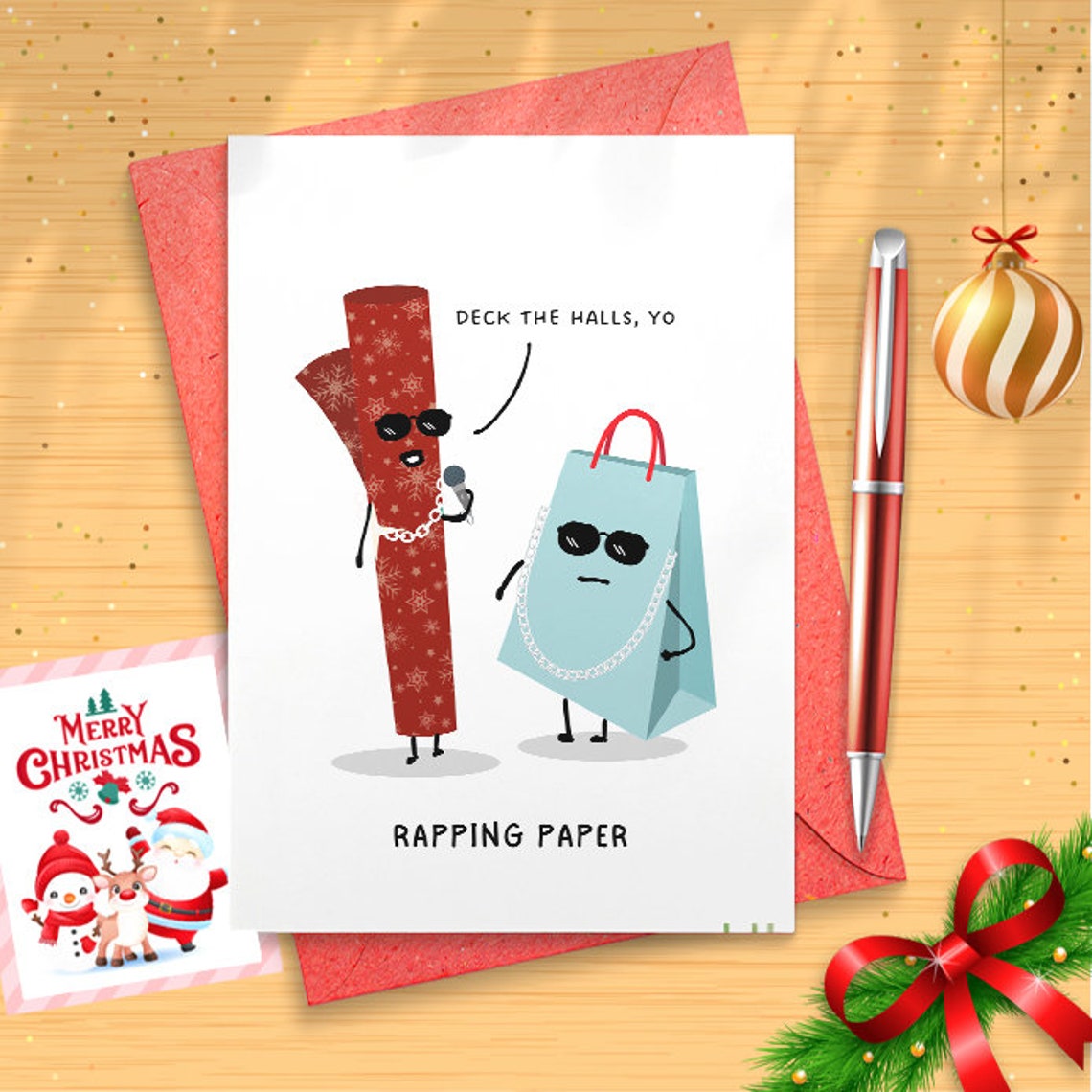 Funny Christmas Card, Rapping Paper Pun Holiday Card [01400]