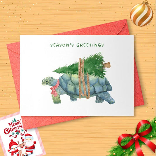 Tortoise - Christmas card, Animal card, Tortoise card, Christmas tree, tortoise art, cute card, funny card, seasons greetings [01412]