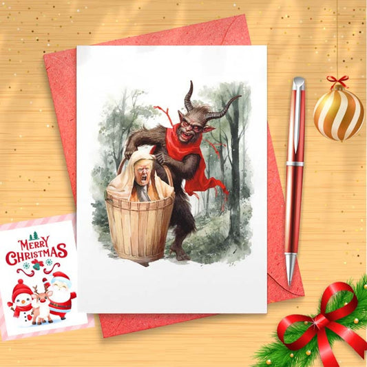 Funny Political Christmas Card, Vintage Krampus taking Trump, Lefty, Liberal, Progressive Jail [01619]