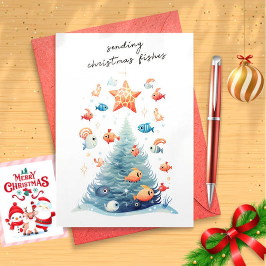 Sending Christmas Fishes card, funny christmas card, beautiful christmas card, sea christmas card, christmas card for mom [01423]