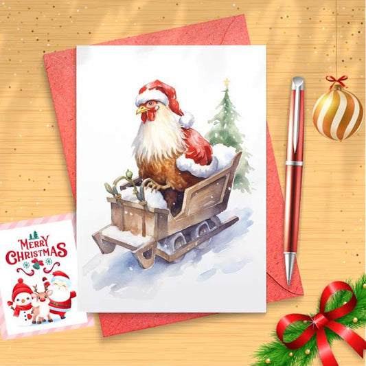 Sledding Chicken Christmas Card Set Barred Rock Hen on Sled w/ Santa Hat Funny Cute Holiday [01425]