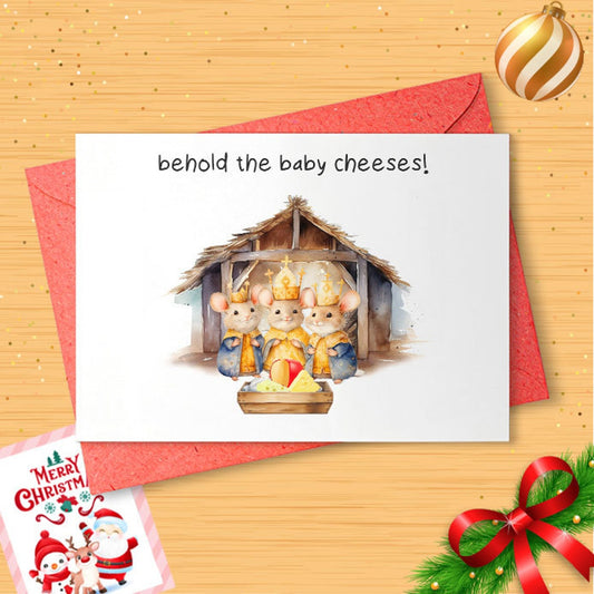 Funny Christmas Card with Baby Cheeses - Funny Xmas Card - Merry Christmas Card Funny Christmas Gift - Holiday Card - Humor - Mice [01434]