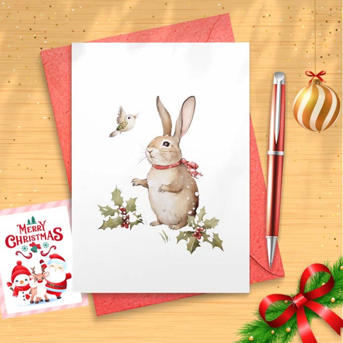 Christmas Rabbit Cards Set of 5 Cards [01566]