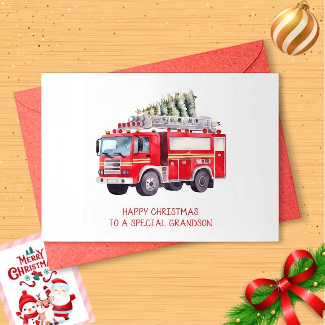 Fire Truck Christmas Card | For Boy, Son, Grandson, Brother, Nephew, Kids, Children, Baby, Cousin, Godson, Great Grandson, Him [01658]