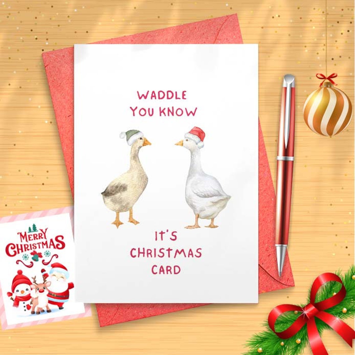 Duck Pun Holiday Card - Well Waddle You Know It's A Christmas - Fun Holiday Card For Friends and Family Made [01580]