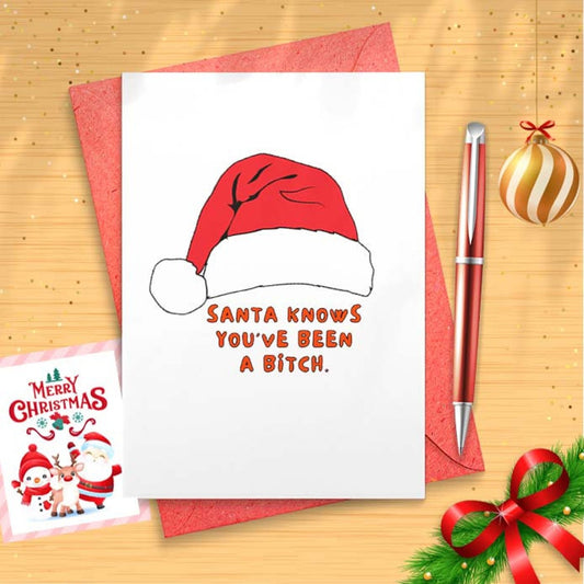 Funny Christmas Card For Her / Santa Knows You've Been A Bitch / Adult Christmas / Santa Card / Christmas Gift Basket / Holiday [01584]