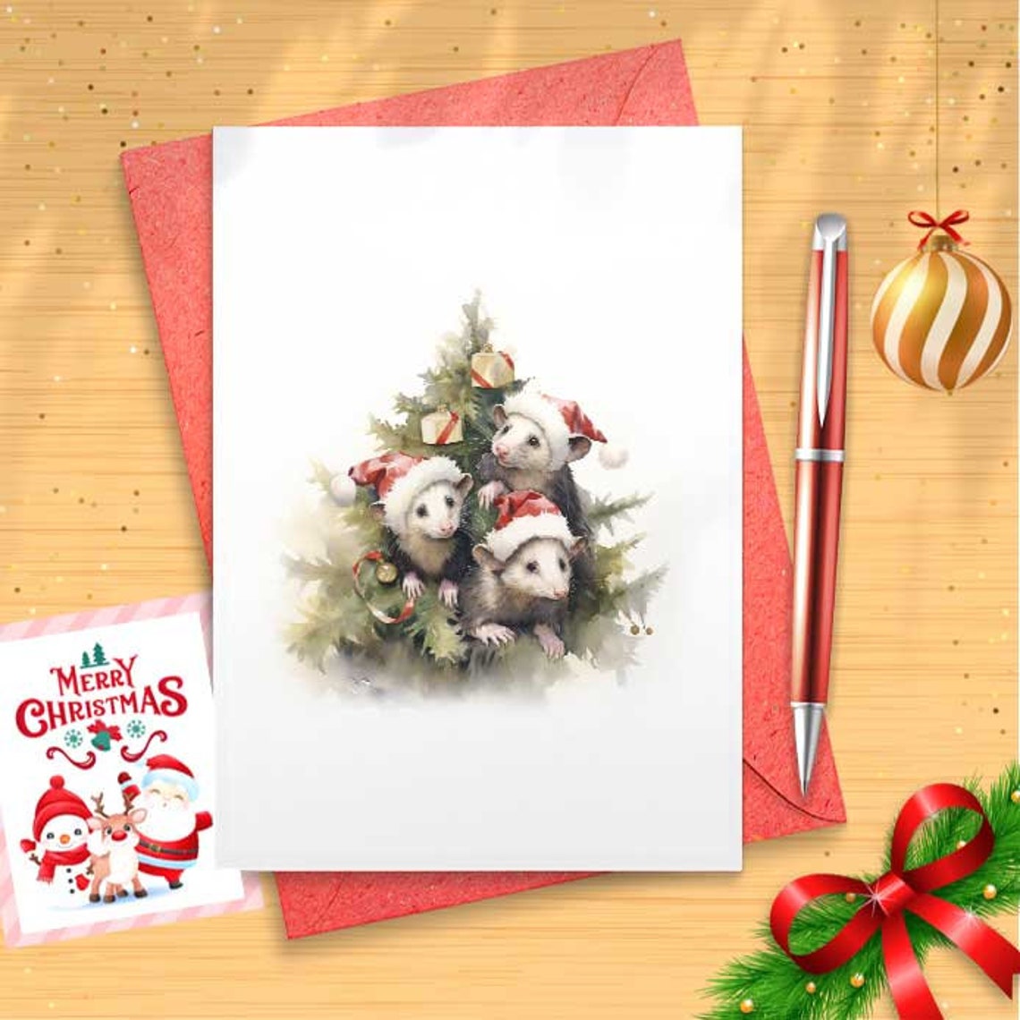 Christmas Opossum / Possum , Christmas Card, Opossum Cute Card [01671]