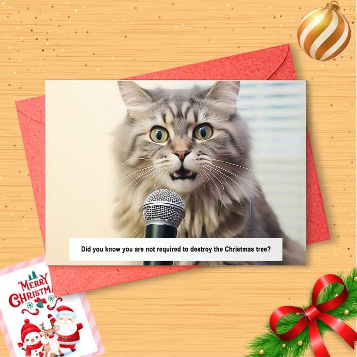 Funny Christmas Card - Christmas Tree Cat - Cat Christmas Card [01562]