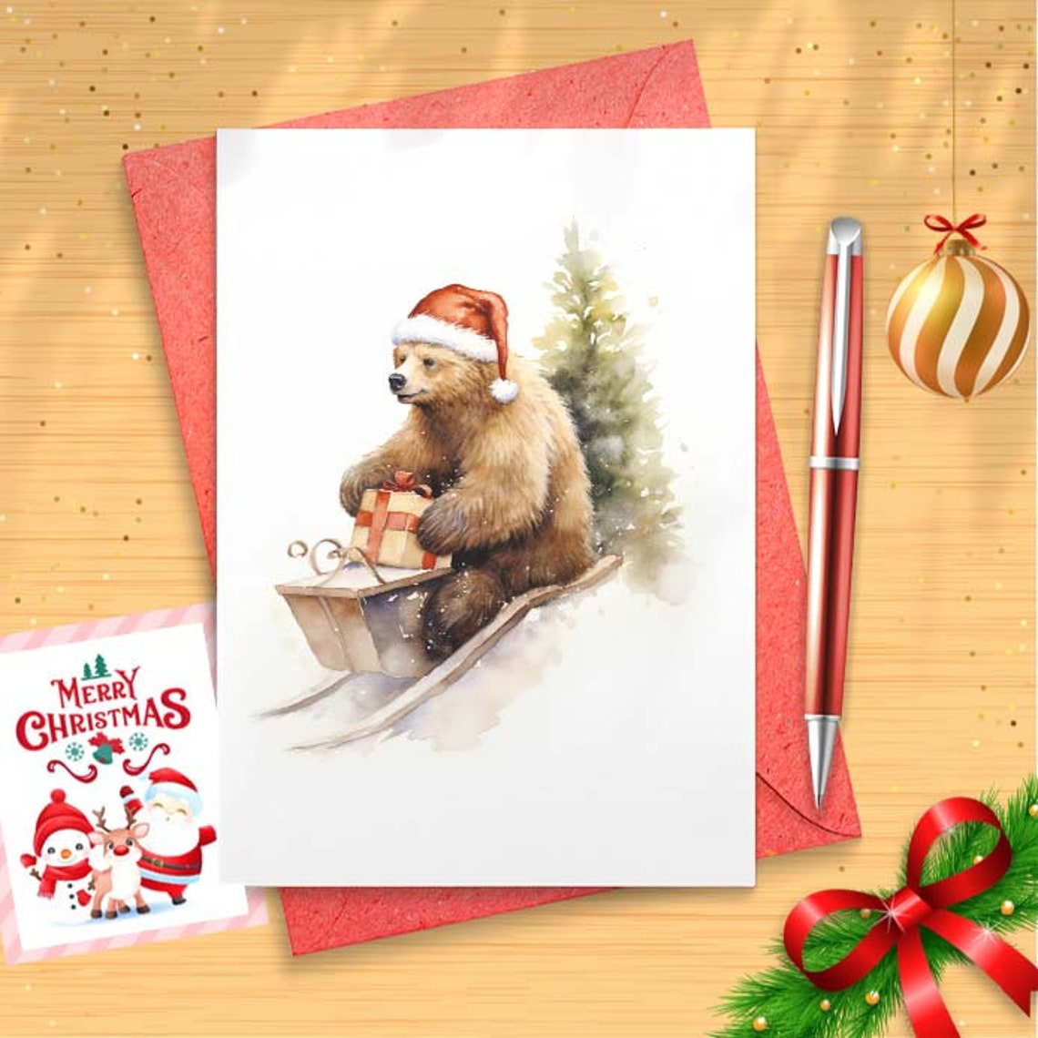 Sledding Brown Bear Christmas Card Set Barred Rock on Sled w/ Santa Hat Funny Cute Holiday [01604]